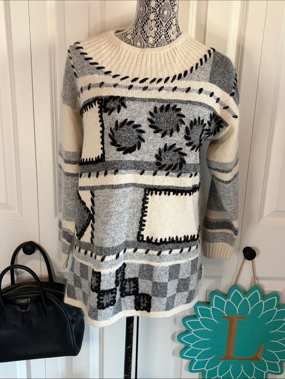 I.B. Diffusion Gray Patchwork Tunic Sweater • Silk Angora Lambswool Blend - M